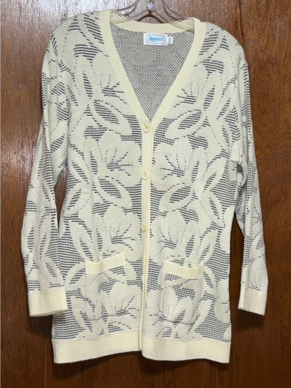 National Cream and Navy Open-Knit Floral Button Front Cardigan